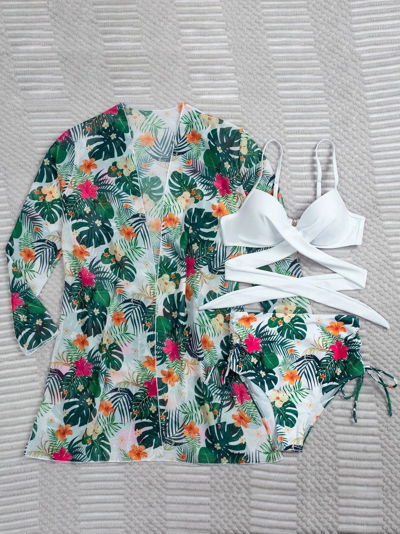 Womens Wrap Top Bikini High Waist Bottom Bathing Suit with Kimono Cardigan